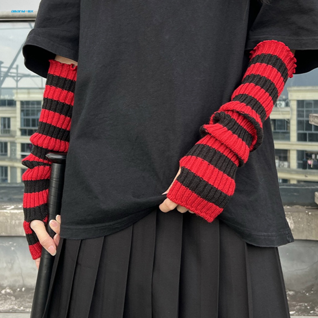 Găng Tay Dệt Kim Hở Ngón Co Giãn Họa Tiết Kẻ Sọc Đen Đỏ Hóa Trang Halloween Cho Nữ