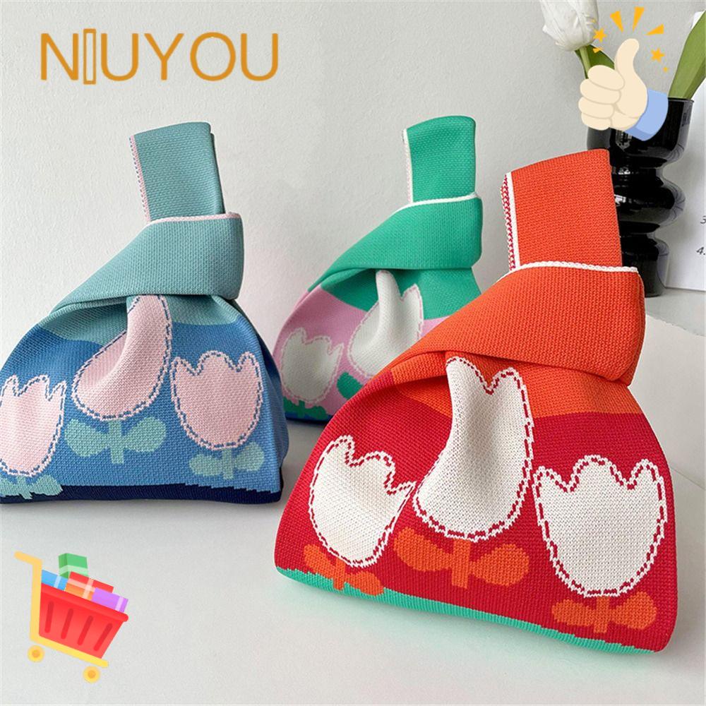 NIUYOU Túi Xách Đan Len Thủ Công Họa Tiết Hoa Xinh Xắn Cho Nữ