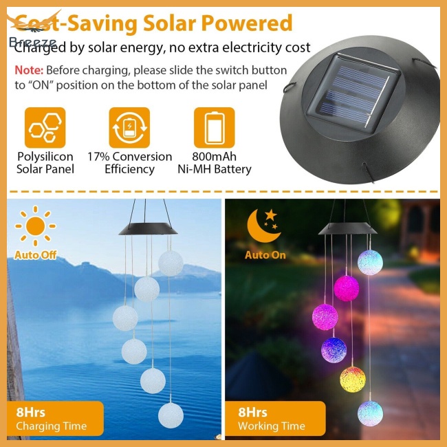 Chuông Gió Có Đèn Led Thay Đổi Màu Sắc Sử Dụng Năng Lượng Mặt Trời Kèm Móc Treo Hình Chữ S Trang Trí Sân Vườn