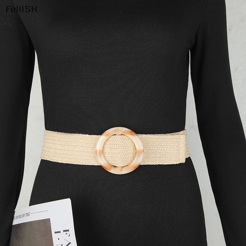 1 Thắt Lưng Bện Sợi Rơm Mỏng Mặt Tròn / Vuông Phong Cách Vintage 439br