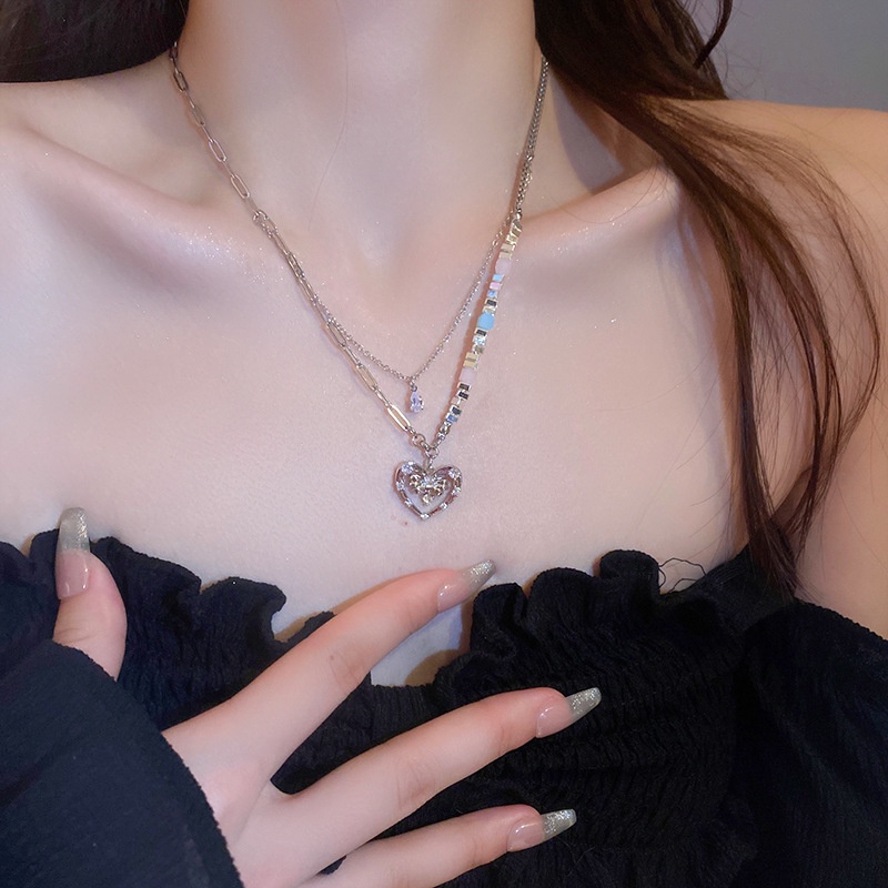 Dây Chuyền Hai Lớp Hình Nơ Đính Đá Trái Tim Thời Trang Cao Cấp Dành Cho Nữ