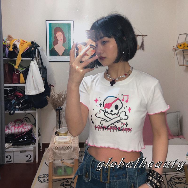 Áo Croptop Ngắn Tay Ôm Dáng In Họa Tiết Bộ Xương Gợi Cảm Cho Nữ