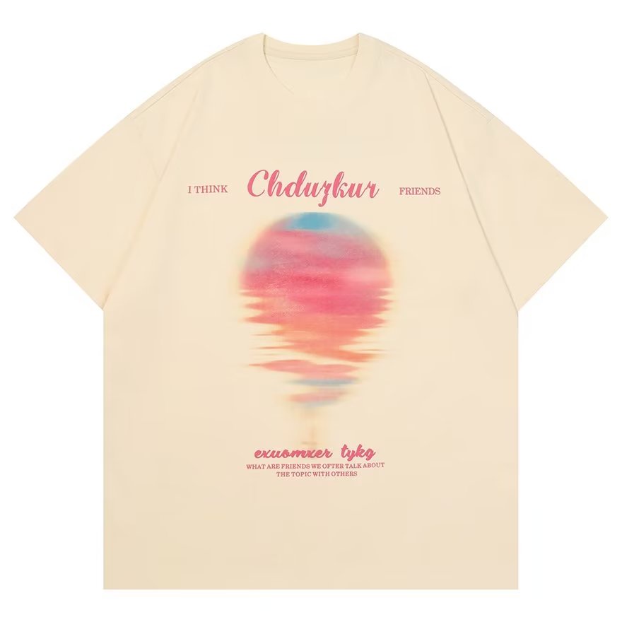 Áo thun cotton YOUTANG ngắn tay in họa tiết hoàng hôn phong cách retro hiphop cho cặp đôi