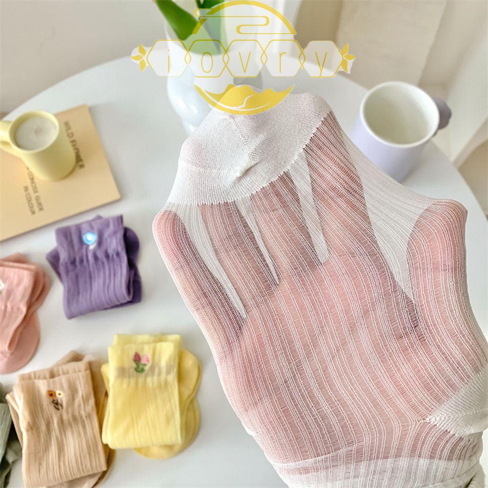 IVORY Vớ Lưới Cổ Trung Thêu Hoa Thoáng Khí Màu Trơn Ngọt Ngào Thời Trang Mùa Hè Cho Nữ