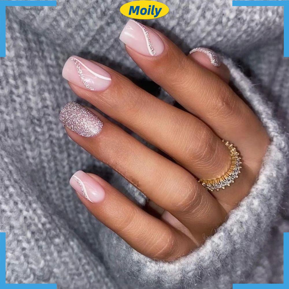 MOILYVN Bộ Móng Tay Giả Màu Hồng / Bạc Có Thể Tháo Rời
