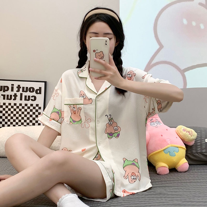 Bộ Đồ Ngủ Tay Ngắn In Họa Tiết Hoạt Hình Phong Cách Hàn Quốc Thời Trang Mùa Hè Xinh Xắn Cho Nữ