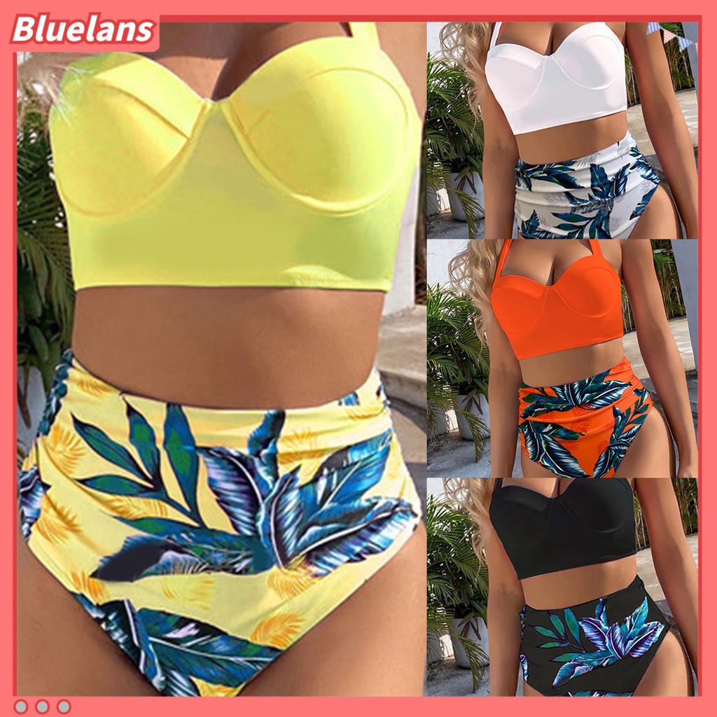 [BLS] Bộ Đồ Bơi Bikini Hai Mảnh Có Đệm Ngực Lưng Cao In Họa Tiết Lá Cây Dành Cho Nữ Hoạt Động Dưới Nước
