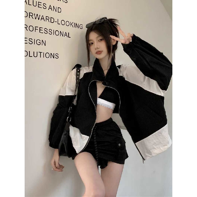 New Stand Collar contrast color sunscreen clothing stitching drawstring long sleeve thin coat for girls loose design sunscreen top
