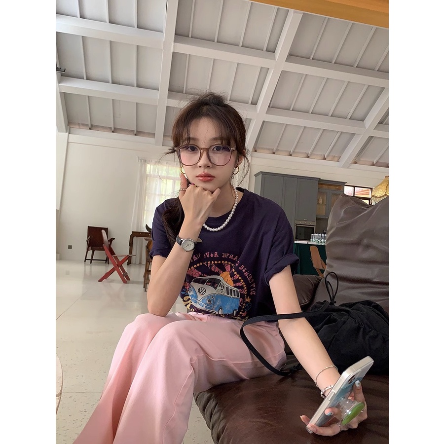 NRVP Áo Thun 100% Cotton Tay Ngắn Dáng Rộng In Họa Tiết Hoạt Hình Phong Cách Hàn Quốc Thời Trang Mùa Hè 2023 Cho Nữ