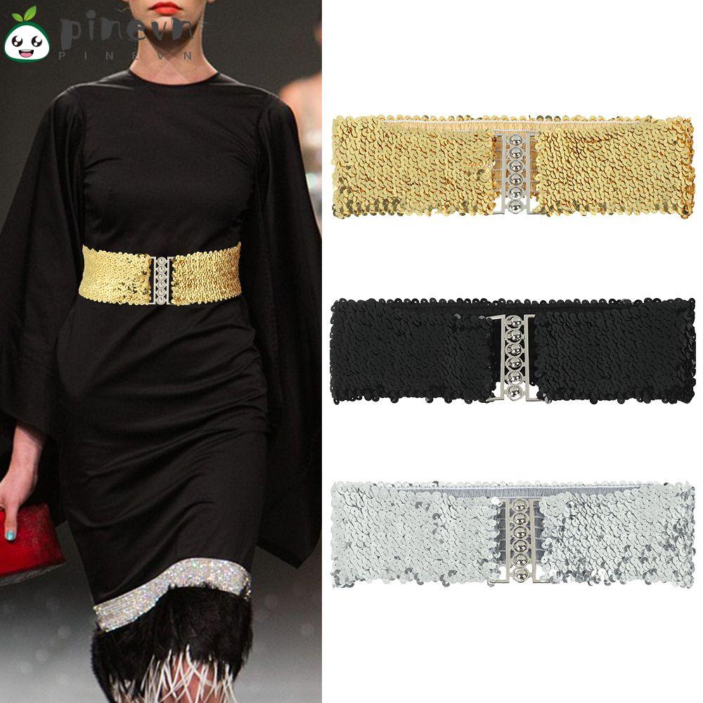 PINEVN Thắt Lưng Bản Rộng Co Giãn Đính Kim Sa Lấp Lánh Thời Trang
