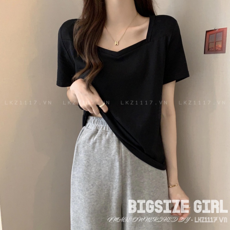 Áo thun nữ tay ngắn Bigsize Áo kiểu cổ vuông đen mùa hè Phong cách Hàn Quốc Thời Trang đẹp