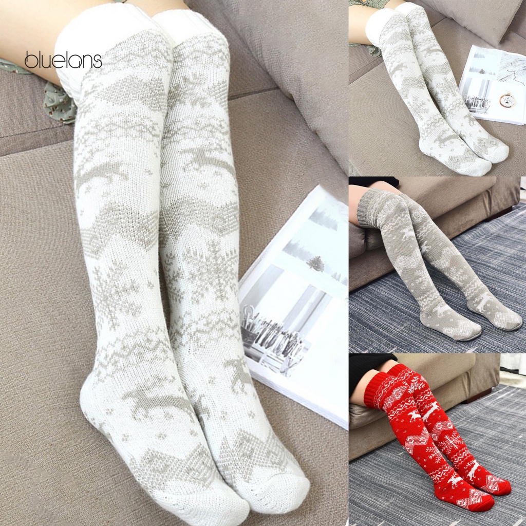 1 Đôi Tất Chân Giữ Ấm Dài Qua Gối Họa Tiết Giáng Sinh Thời Trang Thu Đông Cho Nữ