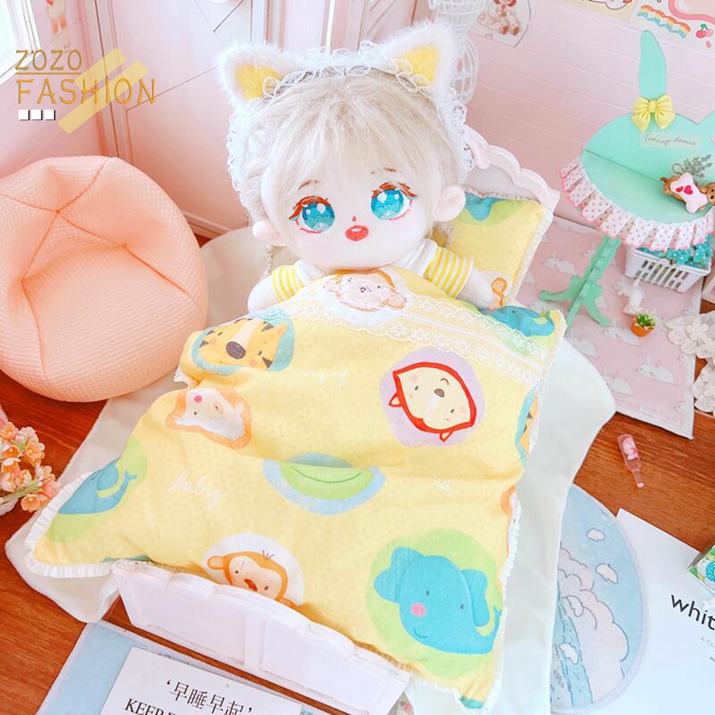 Bộ 3 Món Gối + Ga Giường + Búp Bê Vải Mềm Mại In Họa Tiết Màu Sắc Tươi Sáng Thời Trang Cho Bé
