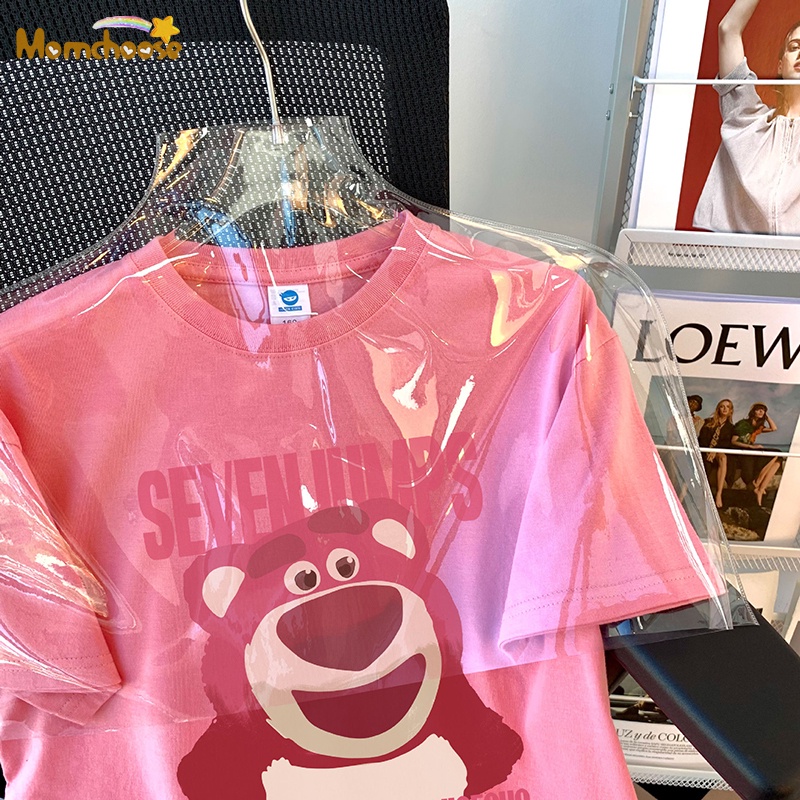 Thời trang oran girl strawberry bear cotton short-sleeved t-shirt vừa và lớn quần áo bé gái phong cách nước ngoài cổ tròn top half-sleeved