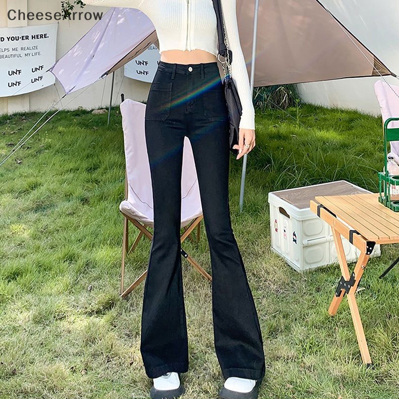 [CHAW] Quần Jean Ống Loe Denim Ống Loe Lưng Cao Màu Trơn Phong Cách Đường Phố Vintage Đơn Giản Dành Cho Nữ