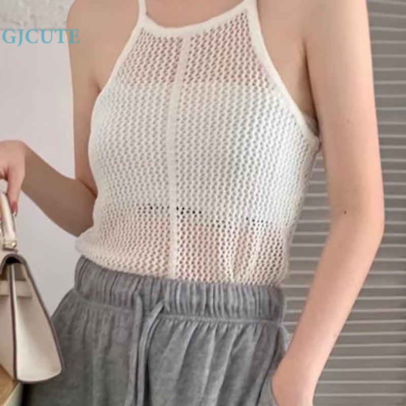 Áo Hai Dây Dệt Kim Màu Trơn Khoét Lỗ Gợi Cảm Cho Nữ