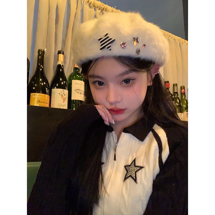 Mũ Beret Y2K Đính Ngôi Sao Nhồi Bông Màu Trắng Ngọt Ngào Thời Trang Thu Đông Cho Nữ