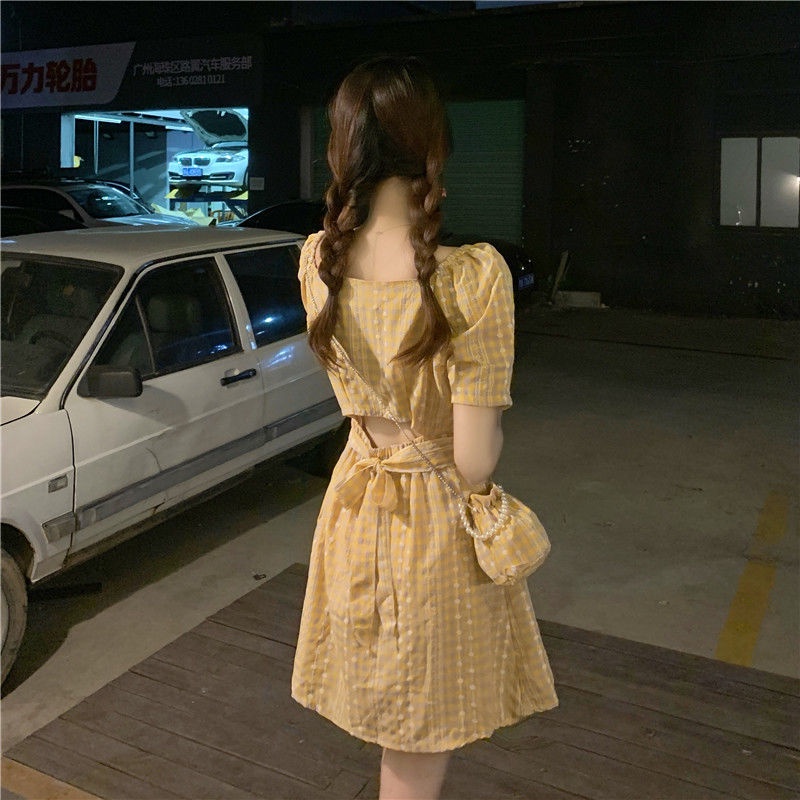 Đầm Ngắn Tay Họa Tiết Sọc Caro Phong Cách Pháp Cổ Điển Thời Trang Mùa Hè Cho Nữ