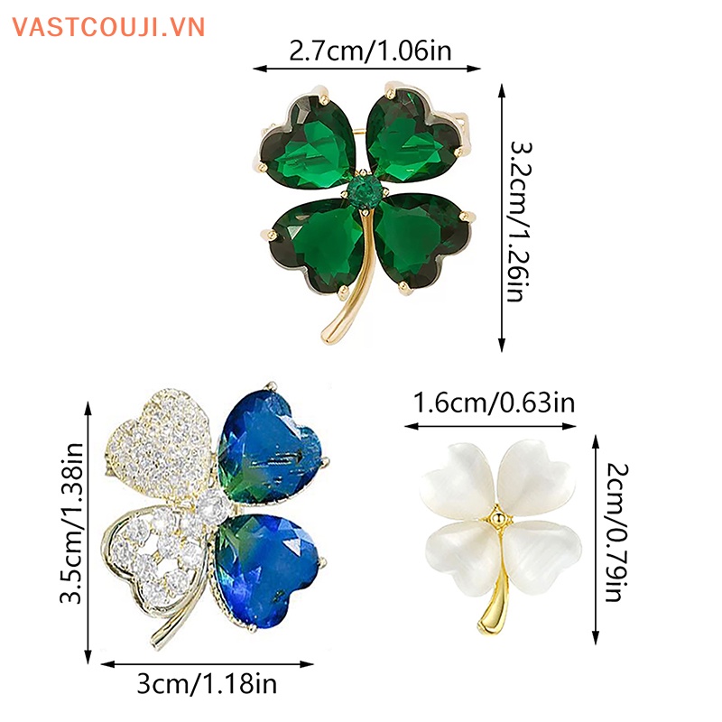 Ghim Cài Áo Hình Cỏ Bốn Lá May Mắn Đính Đá Zircon Sáng Bóng Kiểu Retro Chống Rơi Cho Nữ