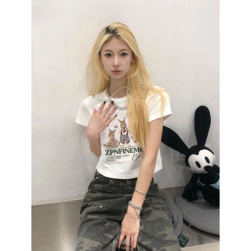 Áo Baby Tee Thun Croptop Nữ  Tay Ngắn In Hình Thỏ Màu Trắng Phong Cách Mới Cho Nữ