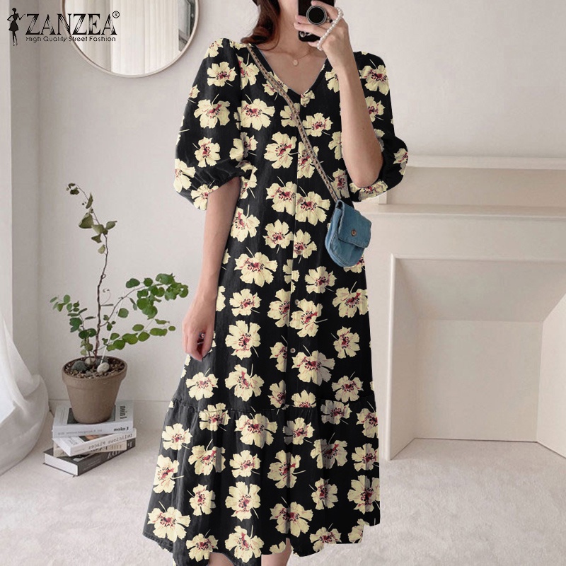 ZANZEA Đầm Tay Phồng Cổ Chữ V In Họa Tiết Hoa Phong Cách Hàn Quốc Thời Trang Cho Nữ