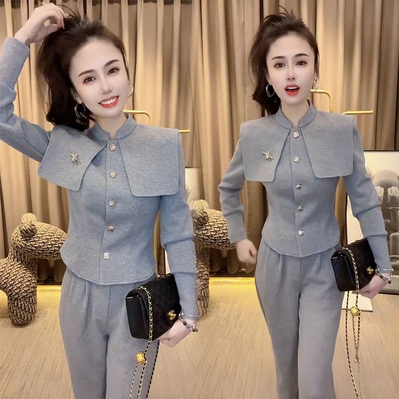 Set Áo Vest Tay Dài Dáng Ôm Màu Xám Phong Cách Châu Âu Thời Trang Sang Trọng Cho Nữ