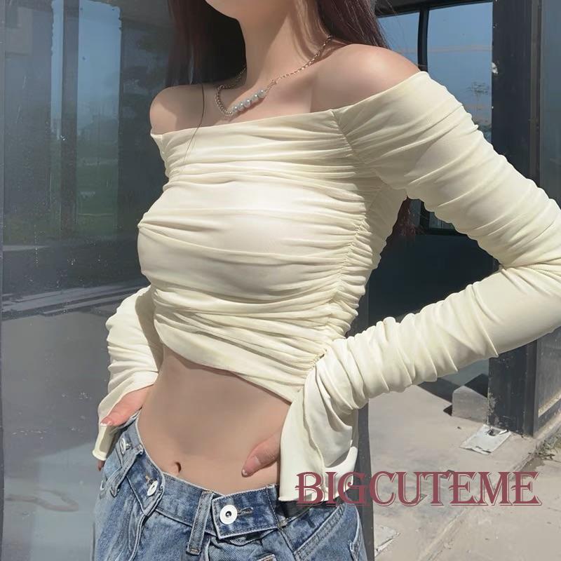 Áo Thun Crop Top Tay Dài Trễ Vai Màu Trơn Phong Cách Thời Trang Y2k Dành Cho Nữ