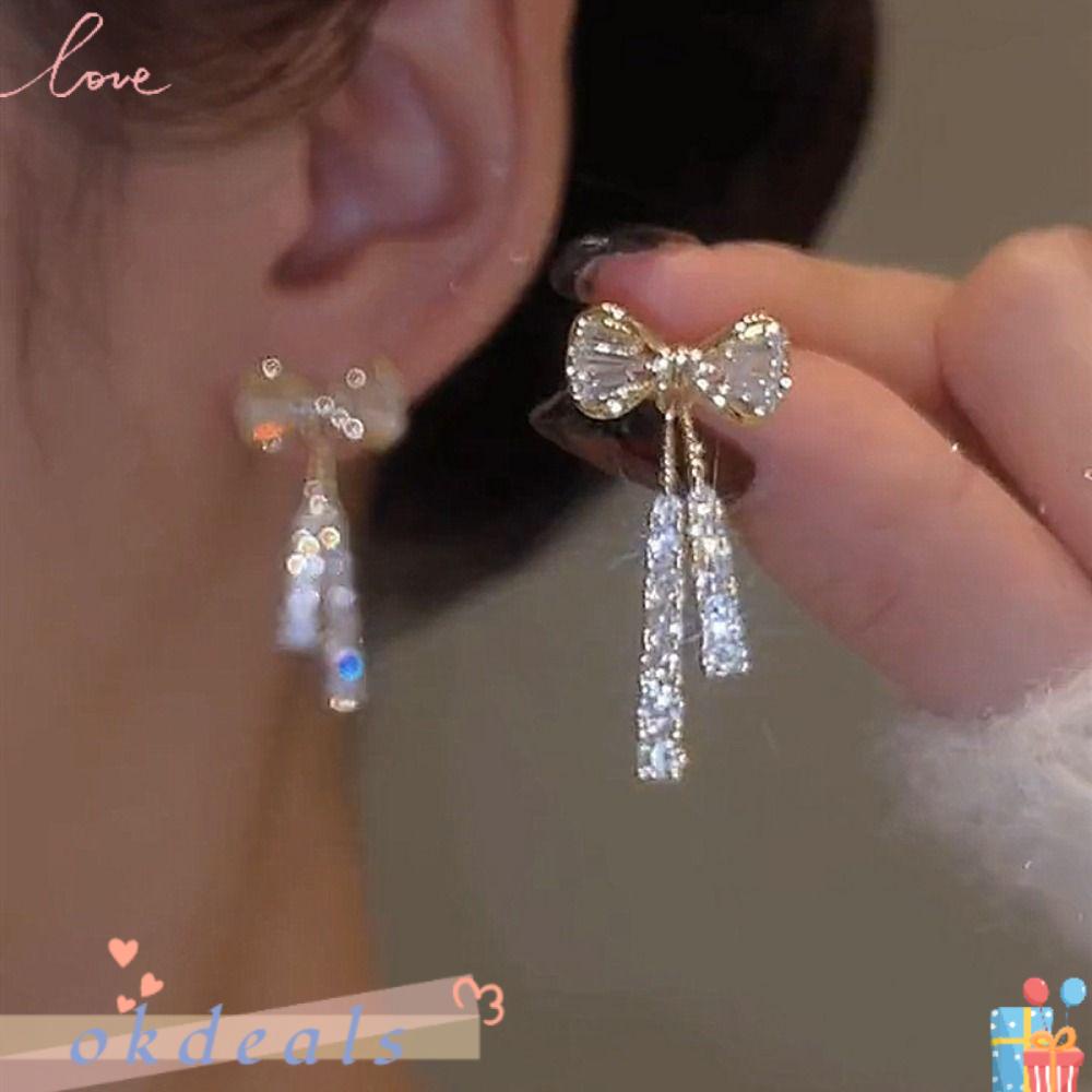 OKDEALS Đôi Bông Tai Dáng Dài Hình Nơ Đính Đá Thời Trang Cho Nữ