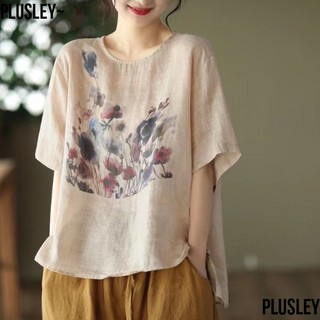 Áo Thun Cotton Lanh Mỏng Dáng Rộng Tay Ngắn In Họa Tiết Mực Phong Cách Retro Mùa Hè Mới Cho Nữ