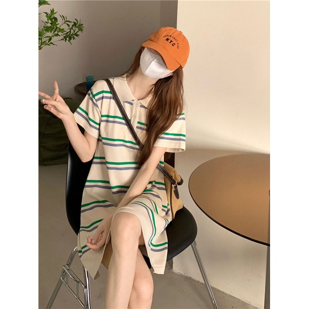 Đầm Dệt Kim Polo Ngắn Tay Dáng Rộng Họa Tiết Kẻ Sọc Màu Tương Phản Phong Cách Hàn Quốc Thời Trang Mùa Hè Mới Cho Học Sinh Nữ