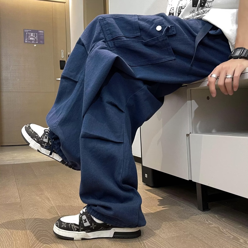 Quần Dài Ống Rộng Rút Dây Màu Xanh Dương Cổ Điển Hợp Thời Trang Cho Nam