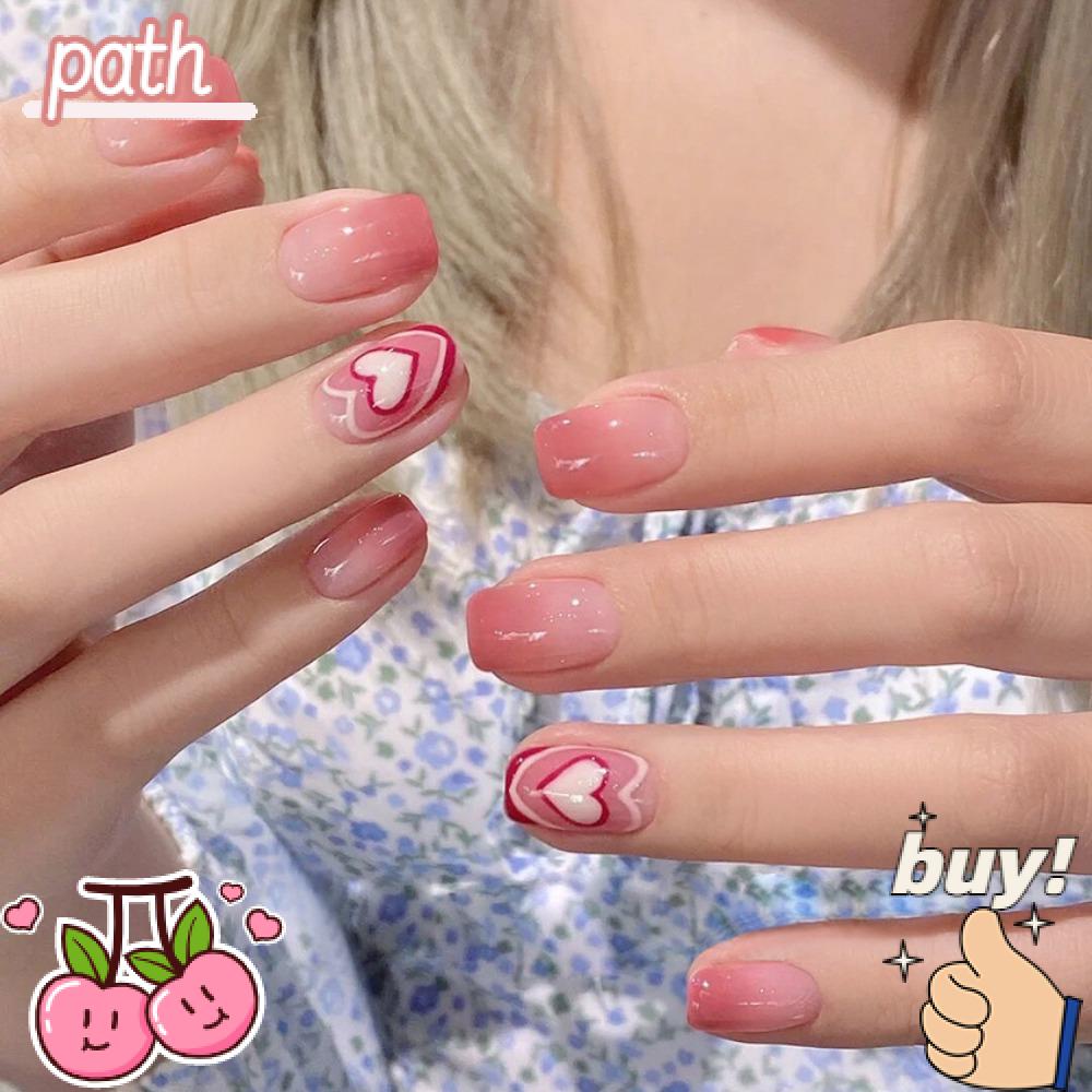 PATH Bộ Móng Tay Giả Bằng ABS Ngắn Đầu Vuông Màu Hồng Gradient Có Thể Tháo Rời Cho Nữ