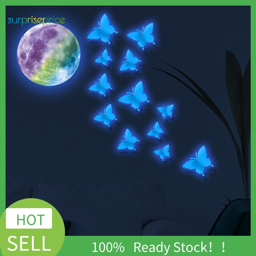 Bộ 13 Miếng Dán Tường Hình Bướm Mặt Trăng Bằng PVC Ba Chiều Màu Dạ Quang Trang Trí Nhà Cửa