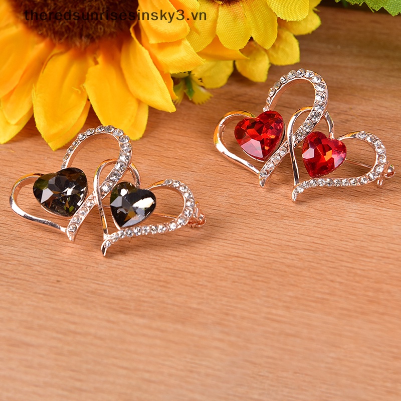 Ghim Cài Áo Hình Trái Tim Đôi Đính Đá Pha Lê Thời Trang