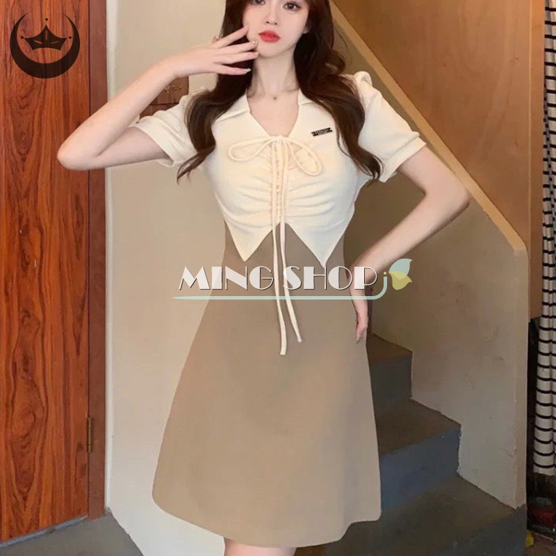 Đầm Giả Hai Lớp Cổ Chữ V Màu Sắc Tương Phản Phong Cách Retro Dành Cho Nữ