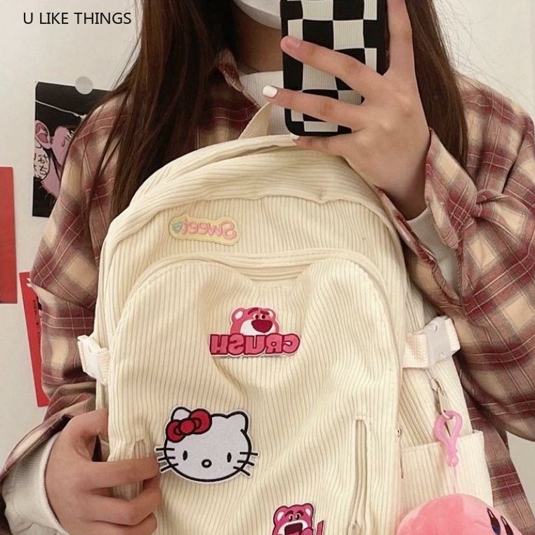 Ba Lô Đi Học Y2k Chính Hãng Bằng Vải Nhung Kẻ Hình Mèo Hello Kitty Ngọt Ngào Dễ Thương Cho Nữ