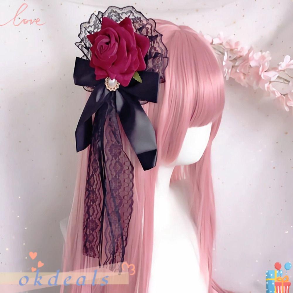 OKDEALS Kẹp Tóc Hình Nơ Phối Ren Hoa Hồng Phong Cách Gothic Dễ Thương Cho Nữ