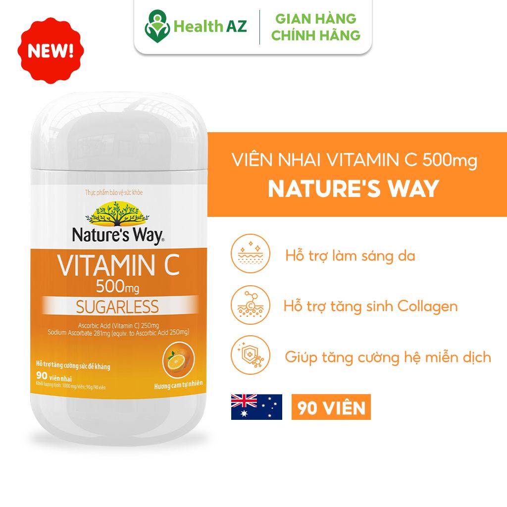 Viên Nhai Vitamin C 500mg NATURE'S WAY Tăng Cường Miễn Dịch, Làm Sáng Da Hộp 90 Viên