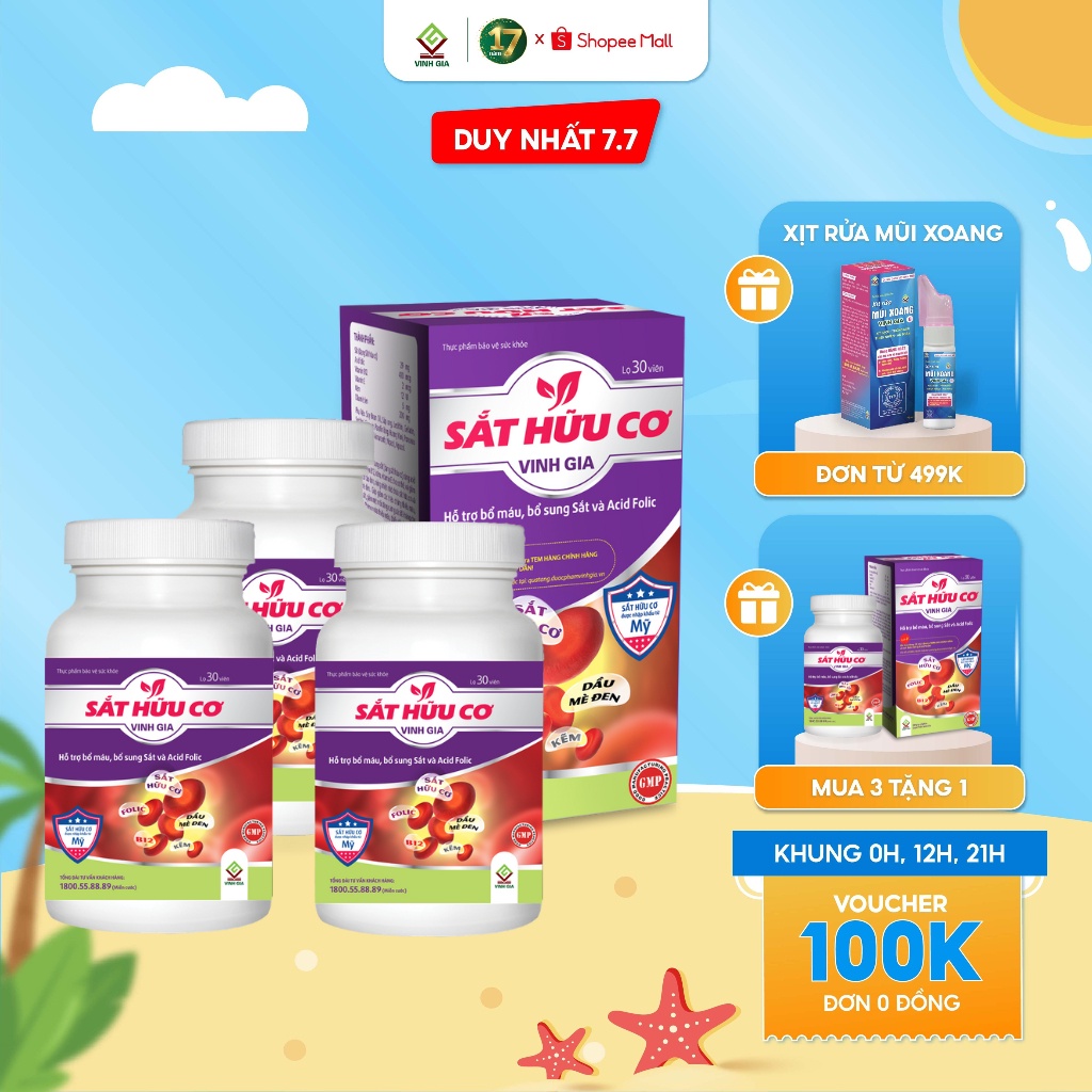 Viên Uống Bổ Sung Sắt Hữu Cơ VINH GIA Giảm Tình Trạng Thiếu Máu, Tăng Hấp Thụ Sắt Hộp 30 Viên