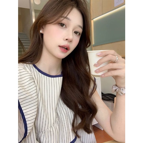 Đầm Không Tay Nhún Bèo Họa Tiết Kẻ Sọc Phong Cách Hàn Quốc Cho Nữ