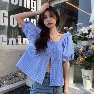 Áo sơ mi nữ ngắn tay cổ vuông xẻ tà thời trang hàn