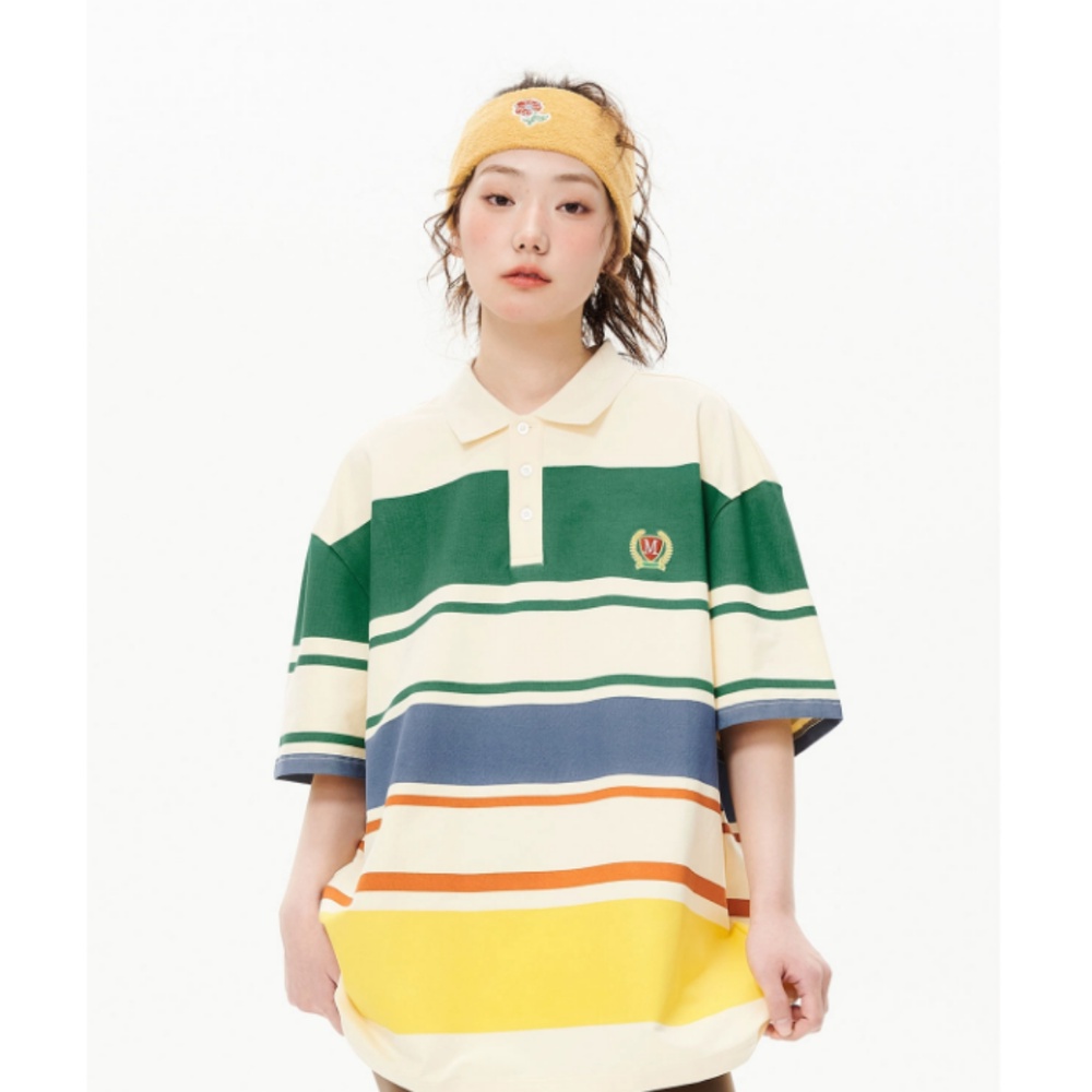 Áo Thun polo Ngắn Tay Form Rộng Họa Tiết Kẻ Sọc Cầu Vồng Thời Trang Mùa Hè