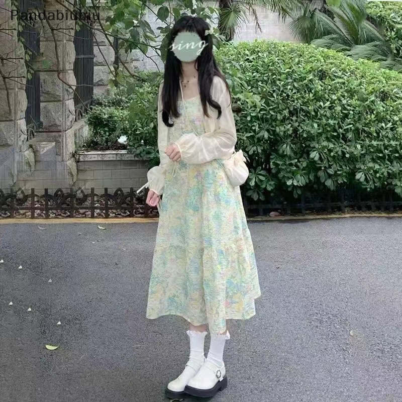 Đầm ba lỗ in hoa thời trang mùa hè Đầm nữ ngọt ngào không tay thường ngày rộng