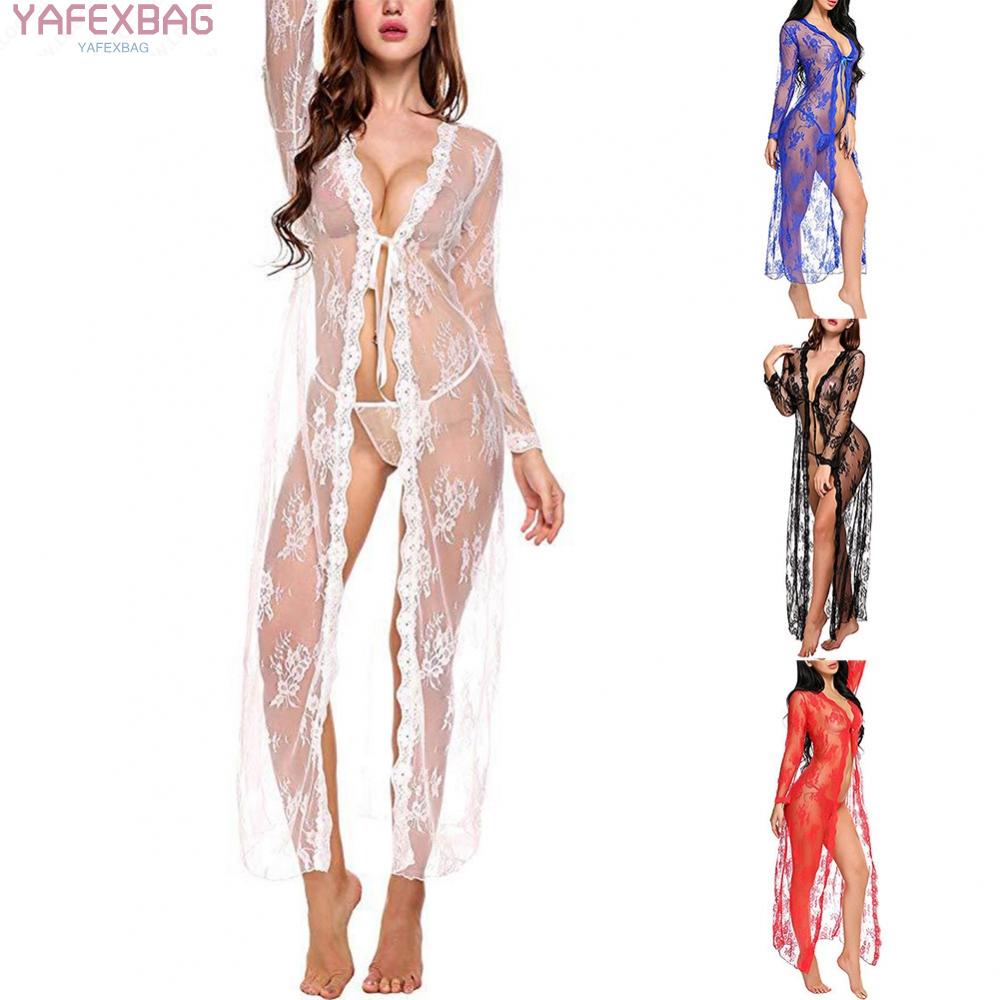 Women Sexy Lingerie Long Lace Dress Sheer See Through Kimono Robe Nightgown