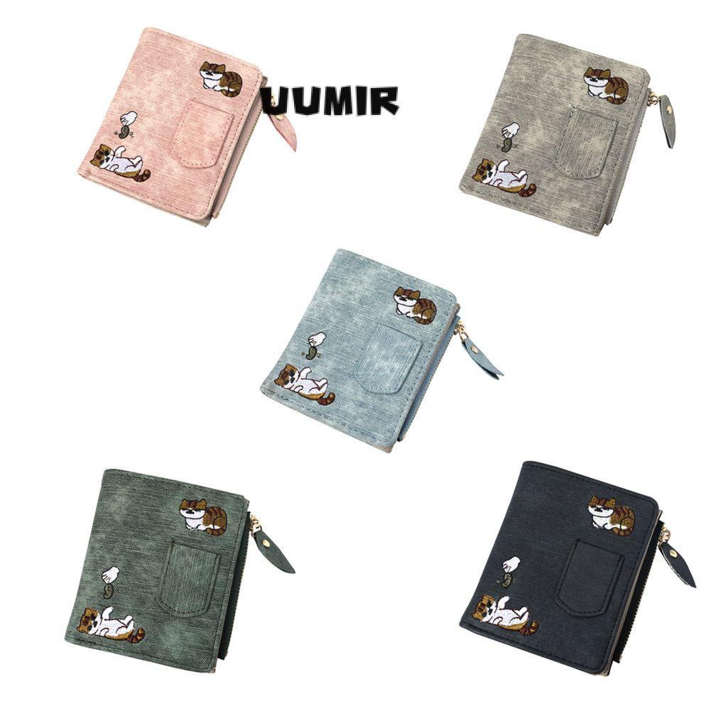 UUMIR Ví Da PU Dáng Ngắn Thêu Họa Tiết Mèo Có Khóa Kéo Đựng Thẻ Đa Năng Chất Lượng Cao Giá Đỡ