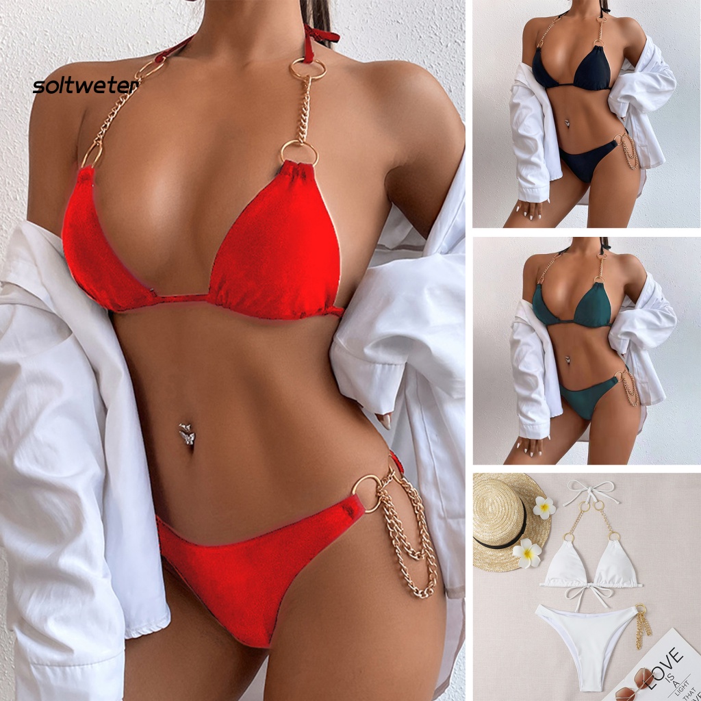 Bộ Bikini 2 Mảnh Màu Sắc Tinh Khiết Có Dây Cột Bằng Kim Loại Có Thể Điều Chỉnh Quyến Rũ Cho Nữ