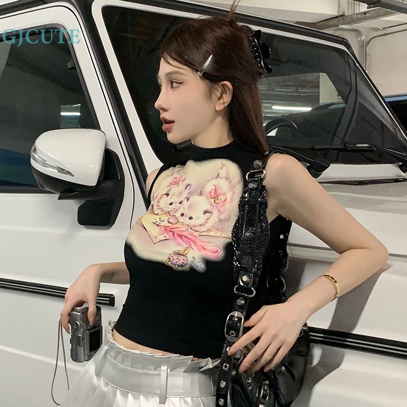 Áo Thun Không Tay Cổ Lọ In Hình Mèo Dễ Thương Dành Cho Nữ