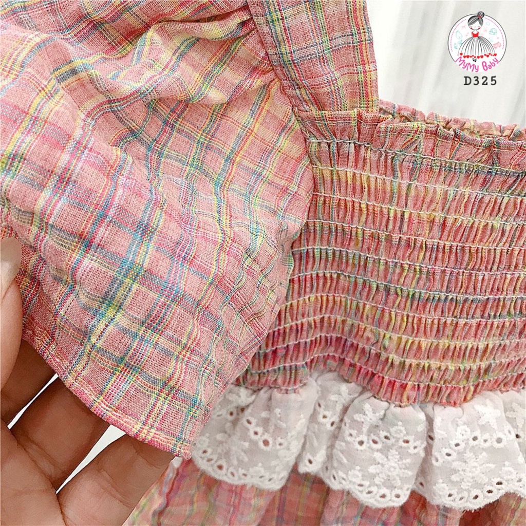 Đầm caro hồng bo chun phối ren giữa eo sành điệu