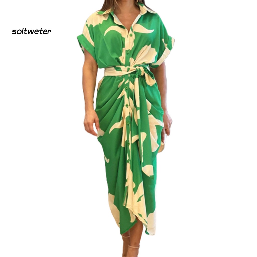 Đầm Sơ Mi Tay Ngắn Cổ Chữ V Eo Cao In Họa Tiết Lá Cây Nhiều Màu Sắc