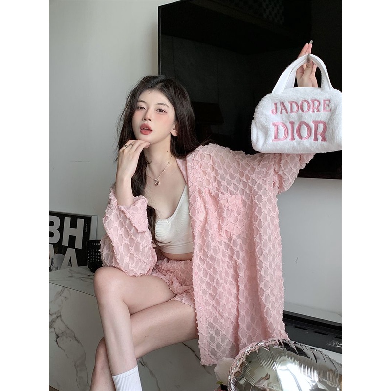 New vacation style large size sunscreen clothes UV-proof breathable cardigan shorts suit girls' loose large size two-piece suit